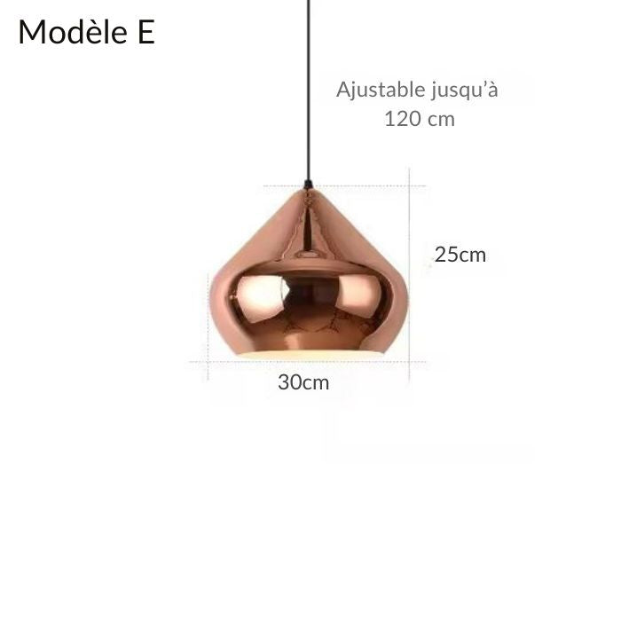 Suspension en cuivre rose modèle E, diamètre 30 cm, hauteur ajustable jusqu'à 120 cm, design élégant pour intérieur moderne.