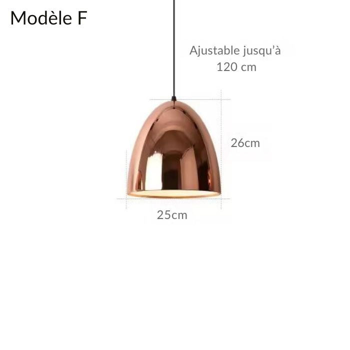 Suspension modèle F en cuivre rose, diamètre 25 cm, hauteur ajustable jusqu'à 120 cm, idéale pour un éclairage moderne.