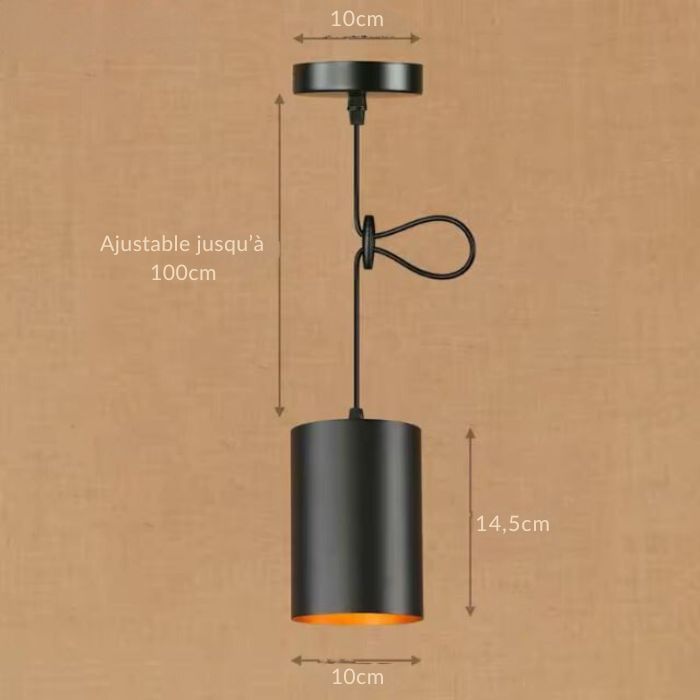 Suspension cylindrique noire compacte avec réglage de hauteur jusqu'à 100 cm, idéale pour un éclairage personnalisé.