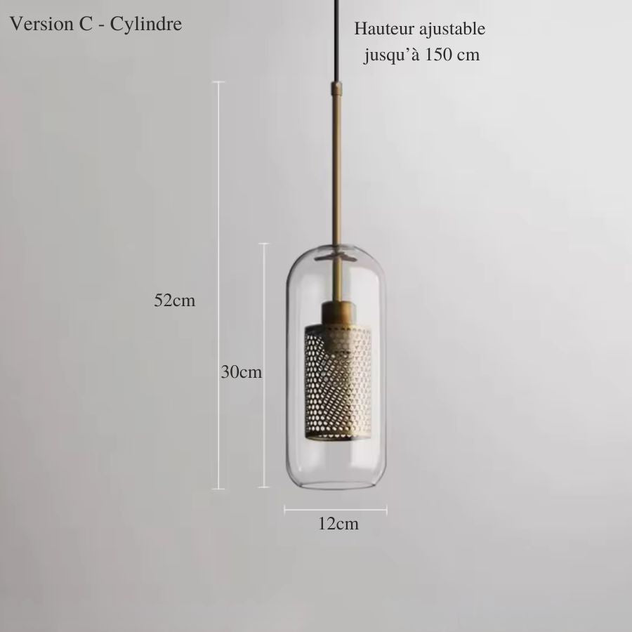 Version cylindrique en verre transparent avec structure dorée ajourée, au design contemporain sophistiqué