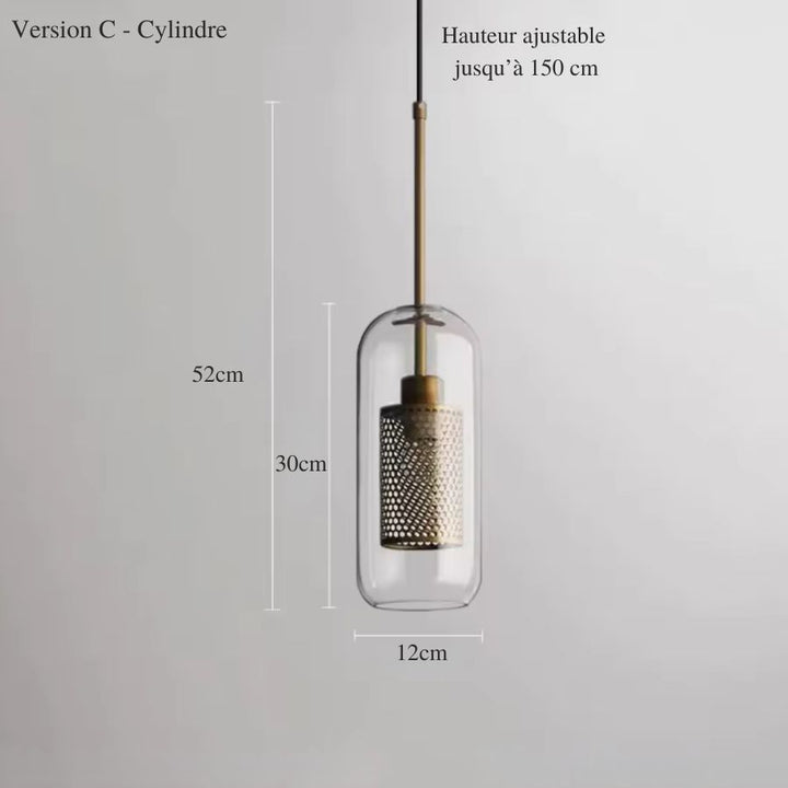 Version cylindrique en verre transparent avec structure dorée ajourée, au design contemporain sophistiqué
