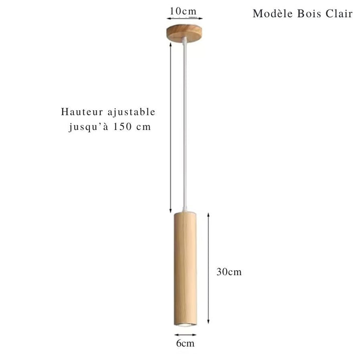 Modèle en bois clair d’une suspension cylindrique au style scandinave épuré avec hauteur ajustable