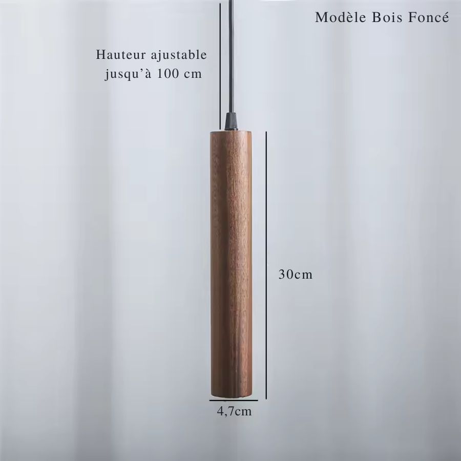 Suspension cylindrique en bois foncé au design minimaliste avec câble réglable et dimensions du modèle