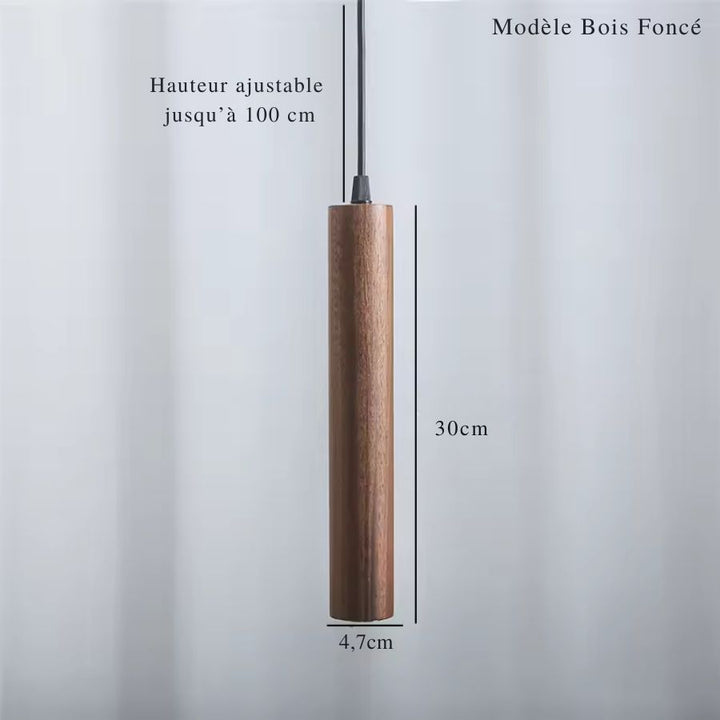 Suspension cylindrique en bois foncé au design minimaliste avec câble réglable et dimensions du modèle
