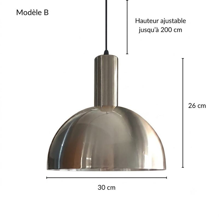 Luminaire suspendu cylindrique haut en métal brossé, style industriel épuré.