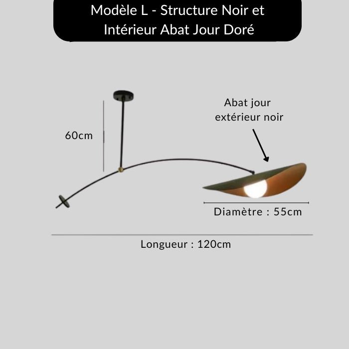 Dimensions du modèle L de suspension déportée noire, avec intérieur doré et silhouette design élégante.