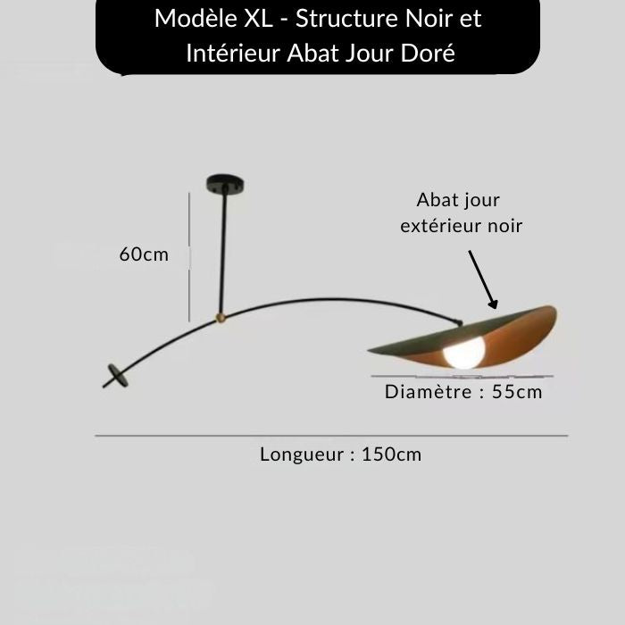 Dimensions du modèle XL de suspension déportée noire et dorée, idéale pour un intérieur au design italien.