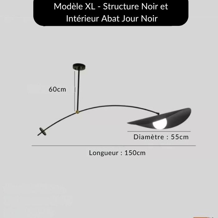 Schéma du modèle XL de suspension déportée noire, au style minimaliste et architectural.