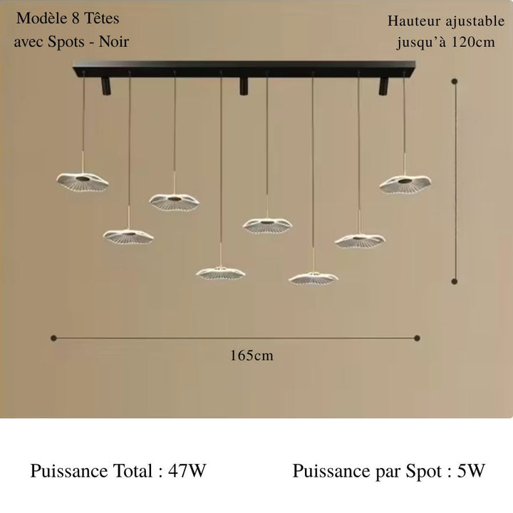 Suspension architecturale noire avec 8 petits abat-jour LED en ombrelle et trois spots cylindriques sur une rampe