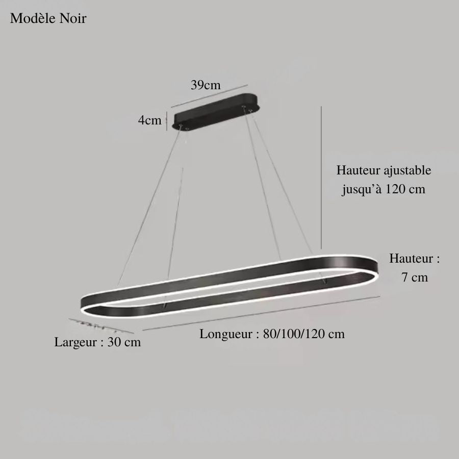 Schéma des dimensions de la suspension LED noire à anneau ovale allongé, au style minimaliste et contemporain.