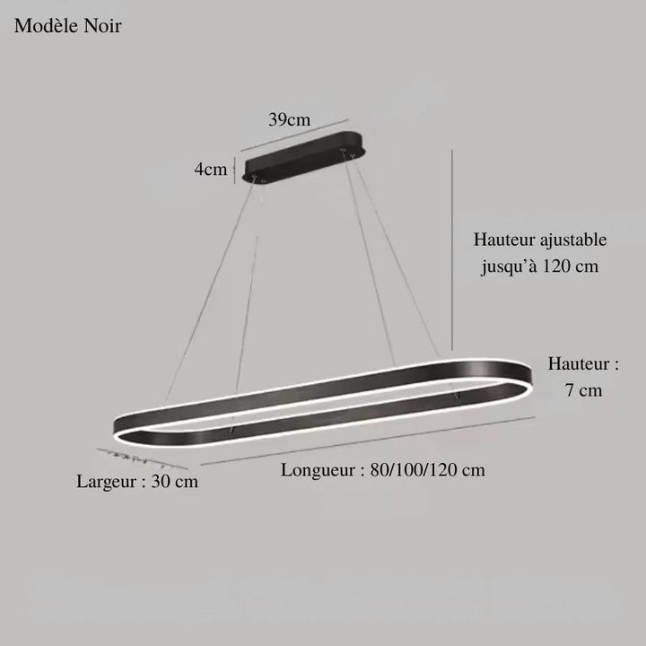 Schéma des dimensions de la suspension LED noire à anneau ovale allongé, au style minimaliste et contemporain.