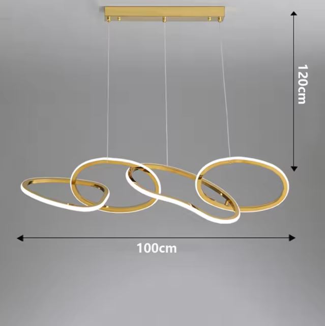 Suspension design italien haut de gamme dorée de 100 cm de long, idéale pour illuminer une grande table avec élégance.