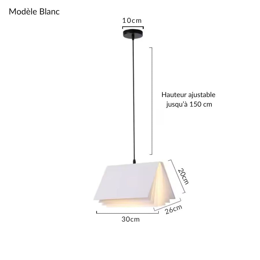 Modèle blanc de suspension design en forme de livre ouvert, au style épuré avec hauteur réglable jusqu’à 150 cm