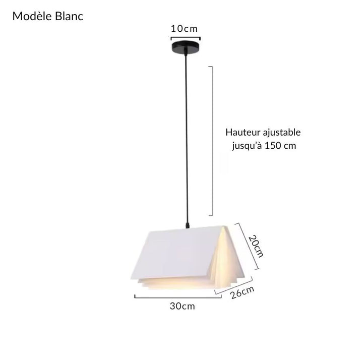 Modèle blanc de suspension design en forme de livre ouvert, au style épuré avec hauteur réglable jusqu’à 150 cm