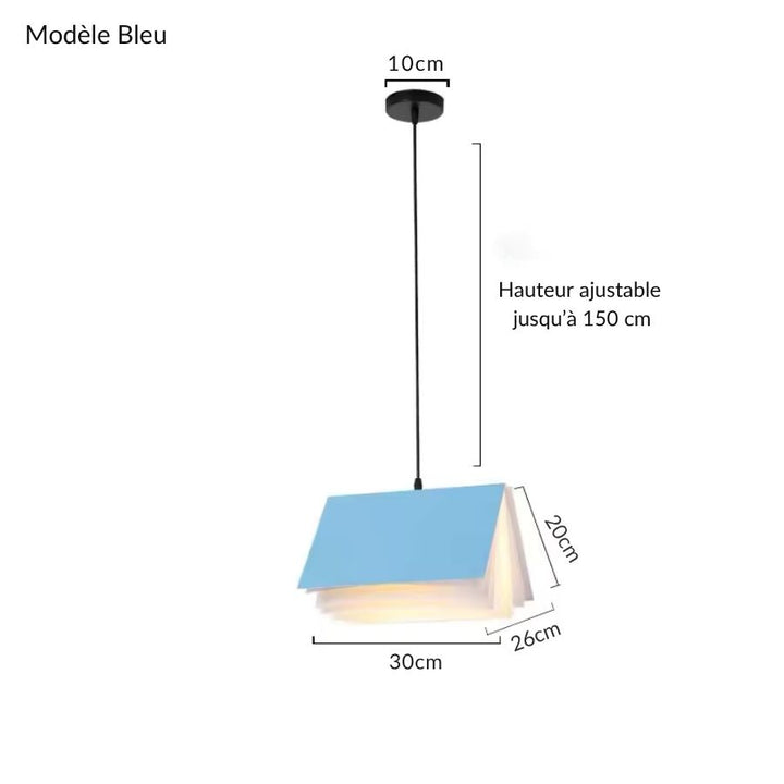 Modèle bleu de suspension design en forme de livre ouvert, au caractère moderne et original, format 30 x 26 cm