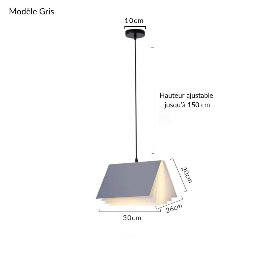 Version grise de la suspension design livre ouvert, aux lignes minimalistes et dimensions de 30 x 26 cm