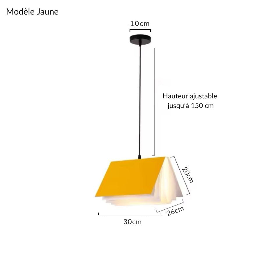 Suspension design en forme de livre ouvert jaune, dimensions 30 x 26 cm avec câble ajustable jusqu’à 150 cm