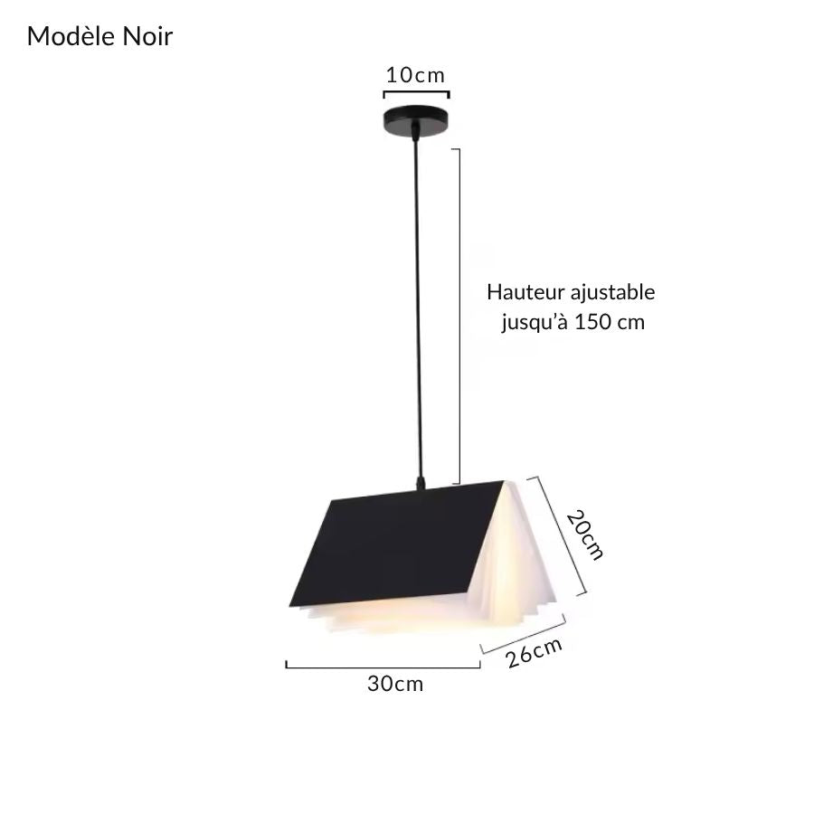 Suspension noire en forme de livre ouvert, au design graphique et contemporain, avec câble ajustable jusqu’à 150 cm