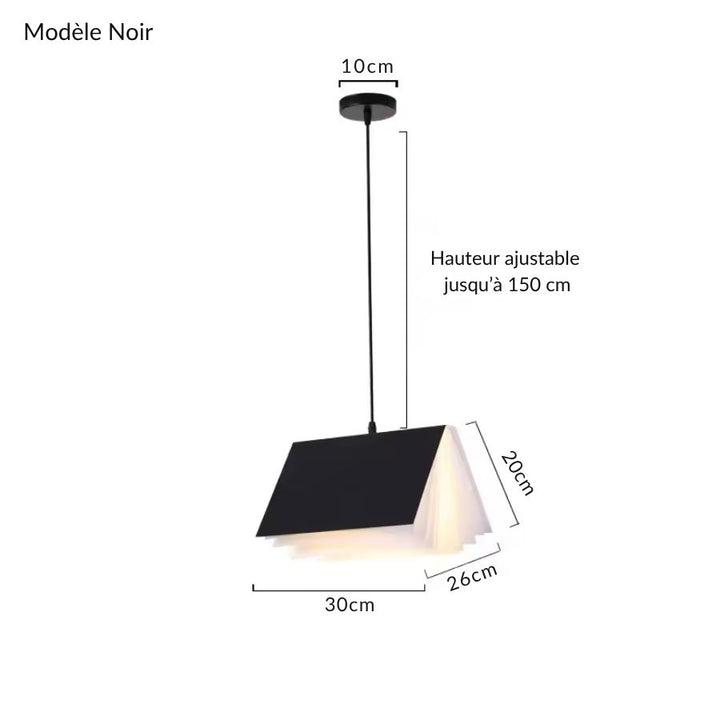 Suspension noire en forme de livre ouvert, au design graphique et contemporain, avec câble ajustable jusqu’à 150 cm