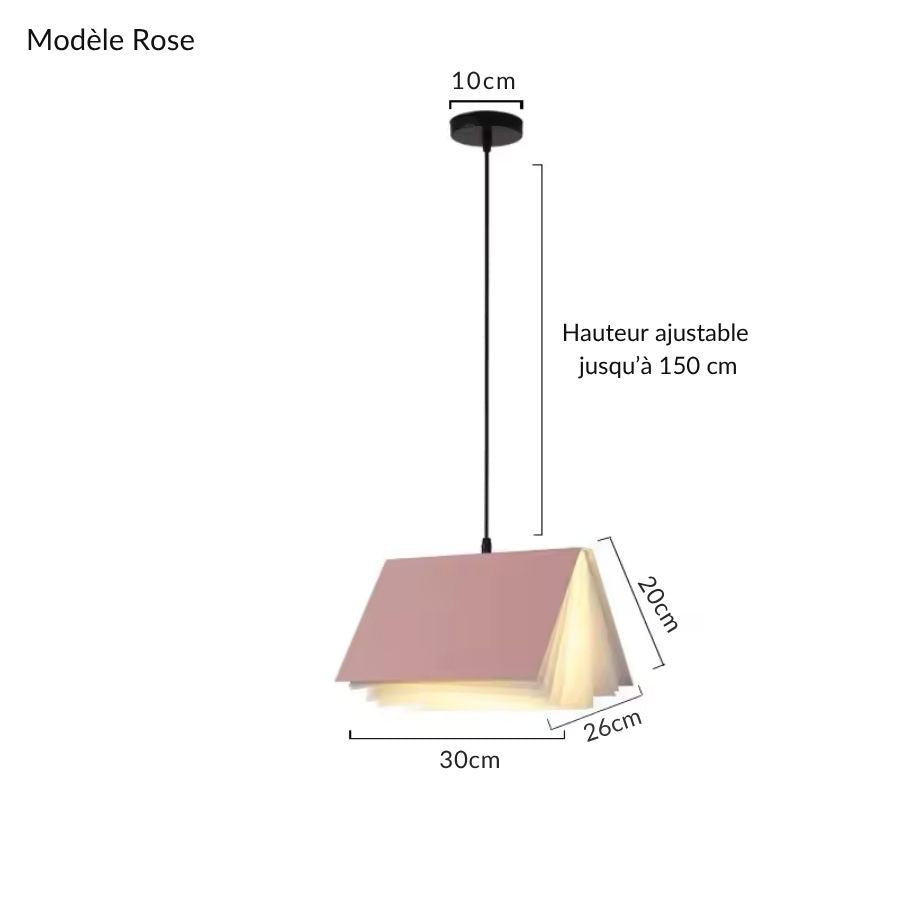 Suspension rose en forme de livre ouvert, au style créatif et délicat avec hauteur réglable jusqu’à 150 cm