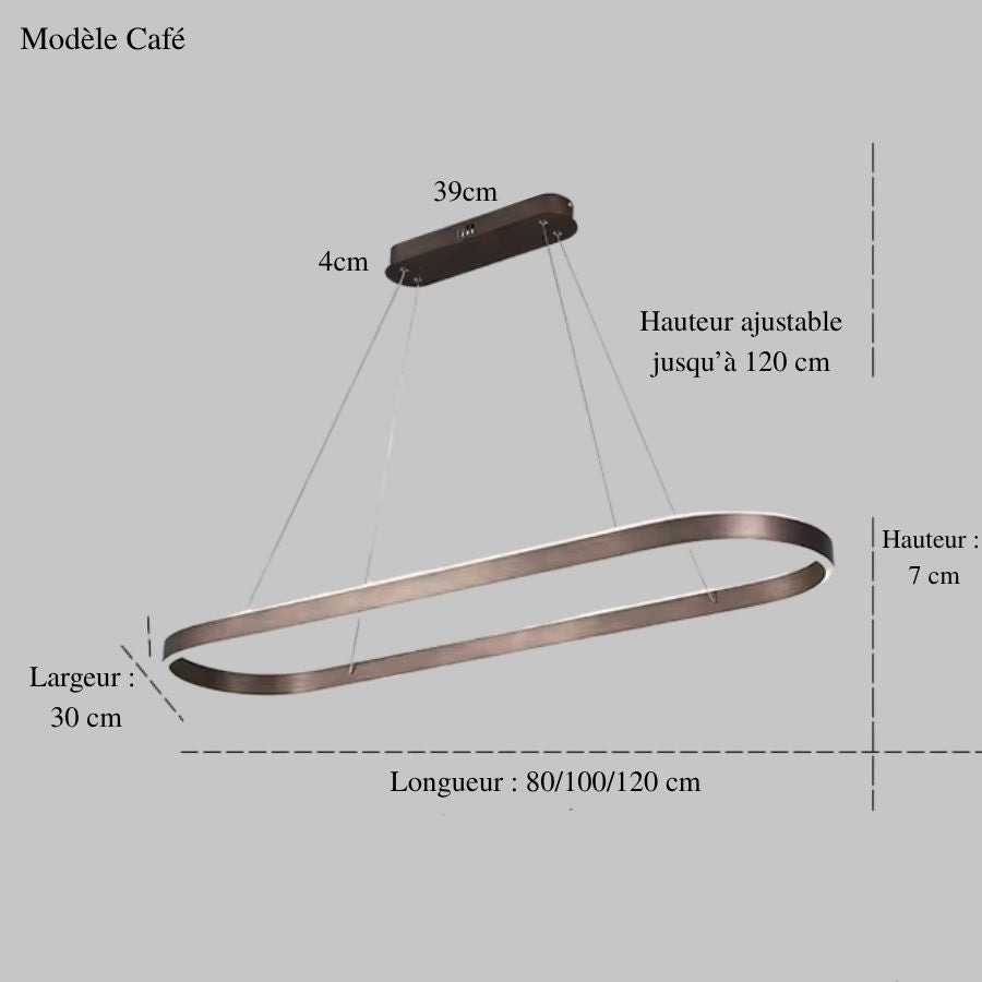 Dimensions du luminaire suspendu à anneau ovale finition café, avec éclairage LED et silhouette moderne raffinée.