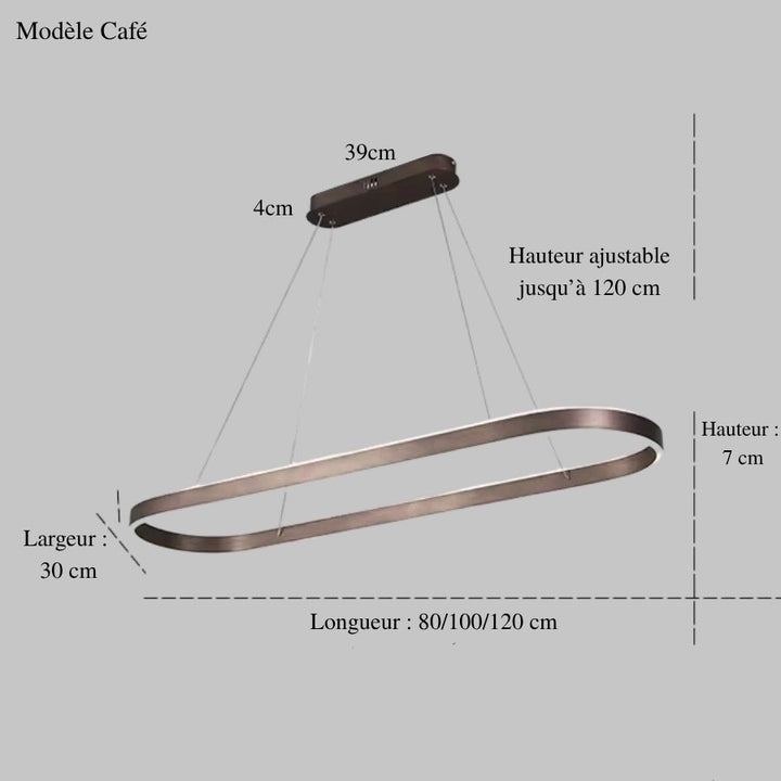 Dimensions du luminaire suspendu à anneau ovale finition café, avec éclairage LED et silhouette moderne raffinée.