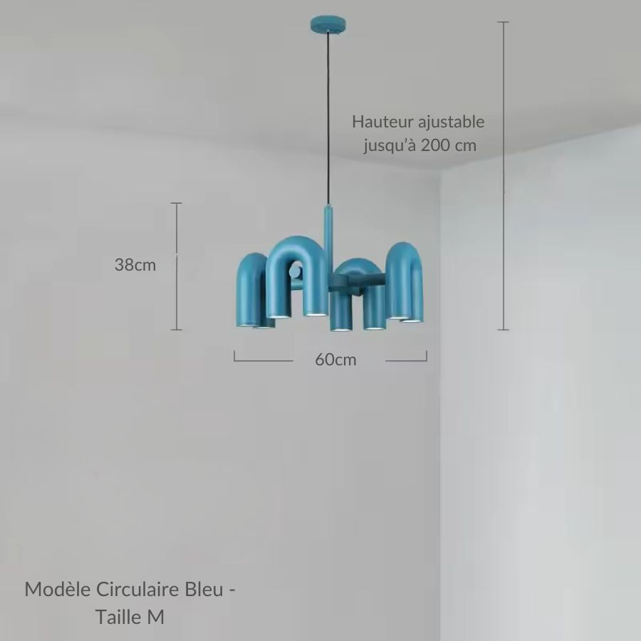 Suspension design tubulaire bleue à courbes en U, modèle circulaire 60 cm au style contemporain