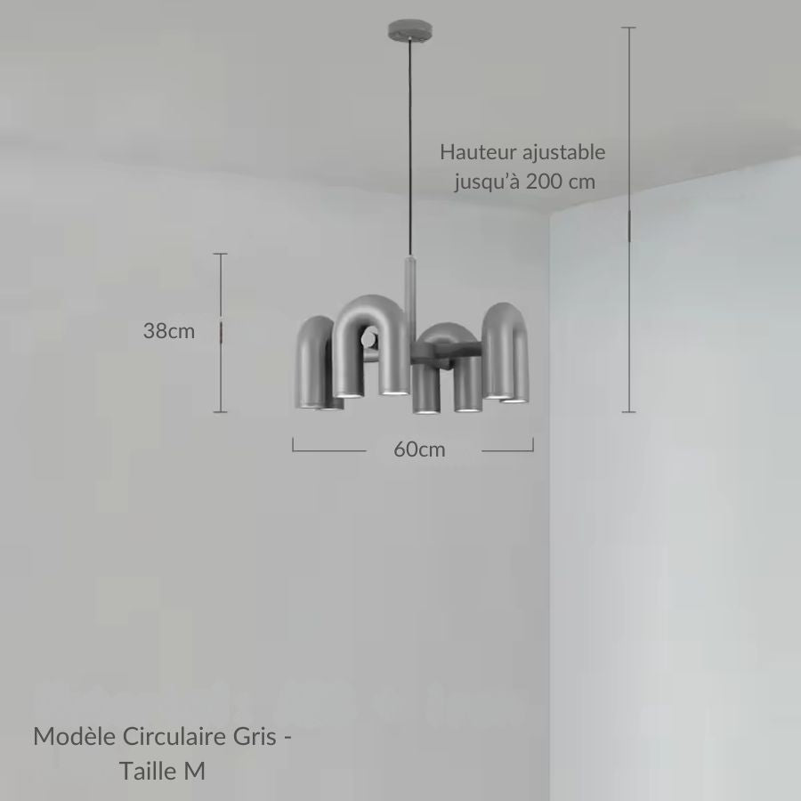 Suspension tubulaire grise de 60 cm aux arches en U, design sculptural et minimaliste