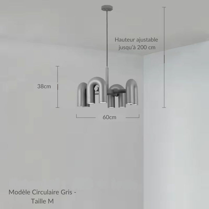 Suspension tubulaire grise de 60 cm aux arches en U, design sculptural et minimaliste