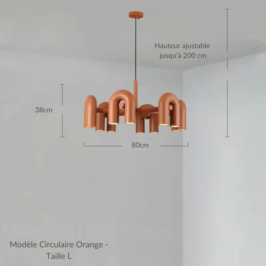 Suspension tubulaire orange de 80 cm aux courbes en U, modèle circulaire au design contemporain coloré