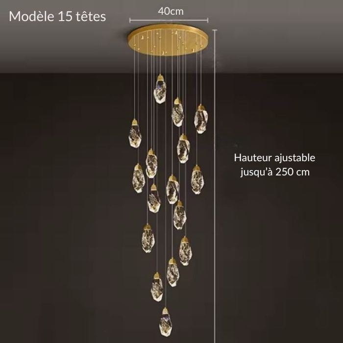 Suspension diamant 15 têtes à hauteur ajustable jusqu’à 2,5 m, splendides pendentifs en verre type cristal pour un intérieur chic.