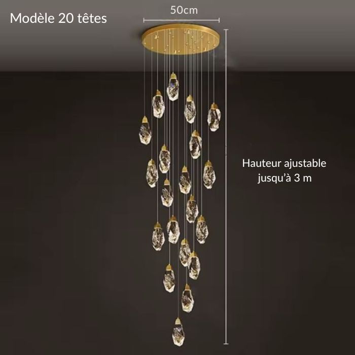 Suspension diamant 20 têtes à hauteur ajustable jusqu’à 3 m, somptueuse cascade de cristaux pour grand espace contemporain.