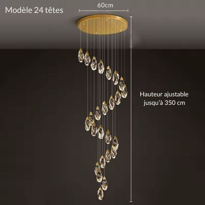 Suspension diamant 24 têtes en spirale cristalline, hauteur ajustable jusqu’à 3,5 m pour un hall spectaculaire et moderne.