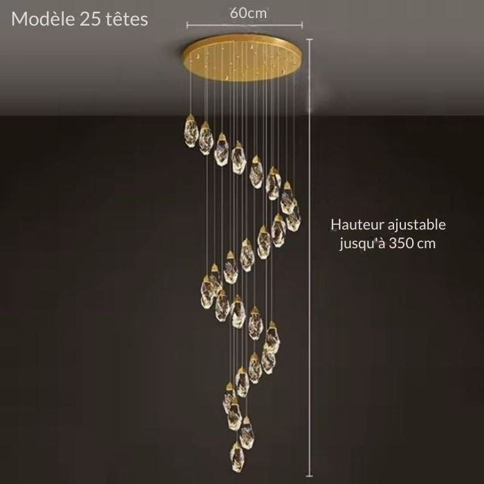 Suspension diamant 25 têtes en spirale cristalline, hauteur ajustable jusqu’à 3,5 m pour un hall spectaculaire et moderne.