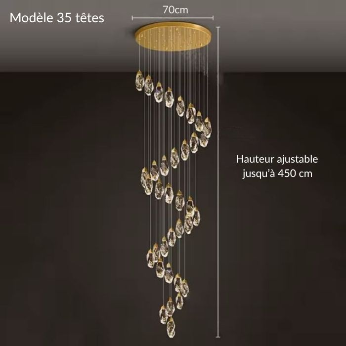 Suspension diamant 35 têtes en spirale cristalline, hauteur ajustable jusqu’à 4,5 m pour un grand espace contemporain éblouissant.