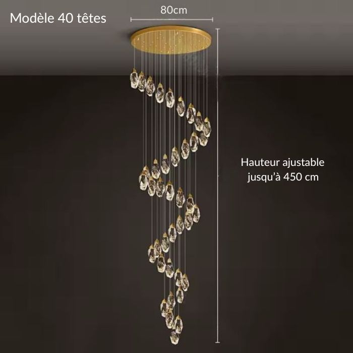 Suspension diamant 40 têtes en spirale majestueuse, hauteur ajustable jusqu’à 4,5 m pour un espace contemporain grandiose.