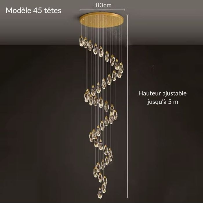 Suspension diamant 45 têtes en spirale élégante, hauteur ajustable jusqu’à 5 m pour un hall d’entrée ou une cage d'escalier majestueuse et lumineuse.