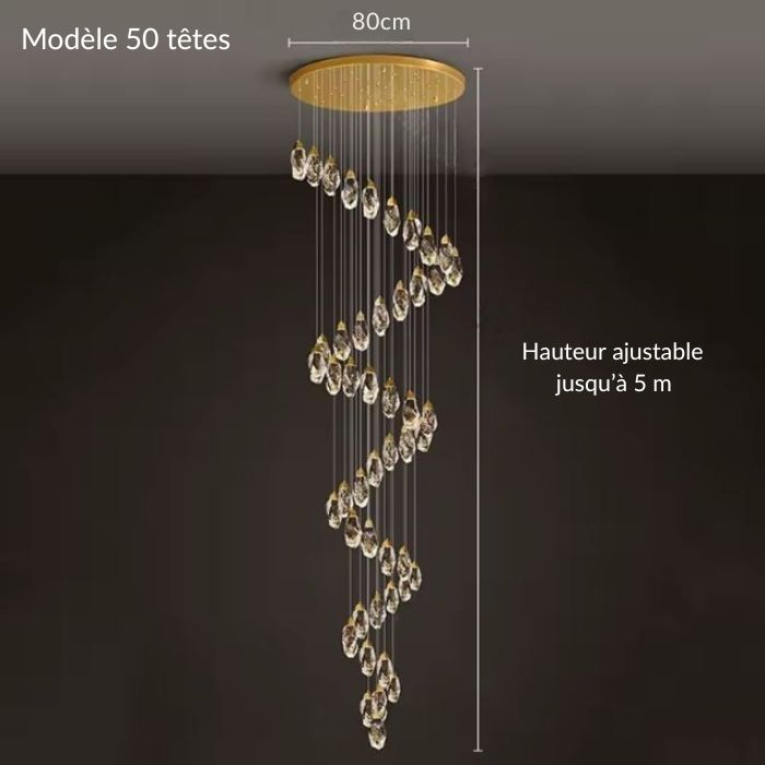 Suspension diamant 50 têtes en spirale élégante, hauteur ajustable jusqu’à 5 m pour un hall grandiose et lumineux.