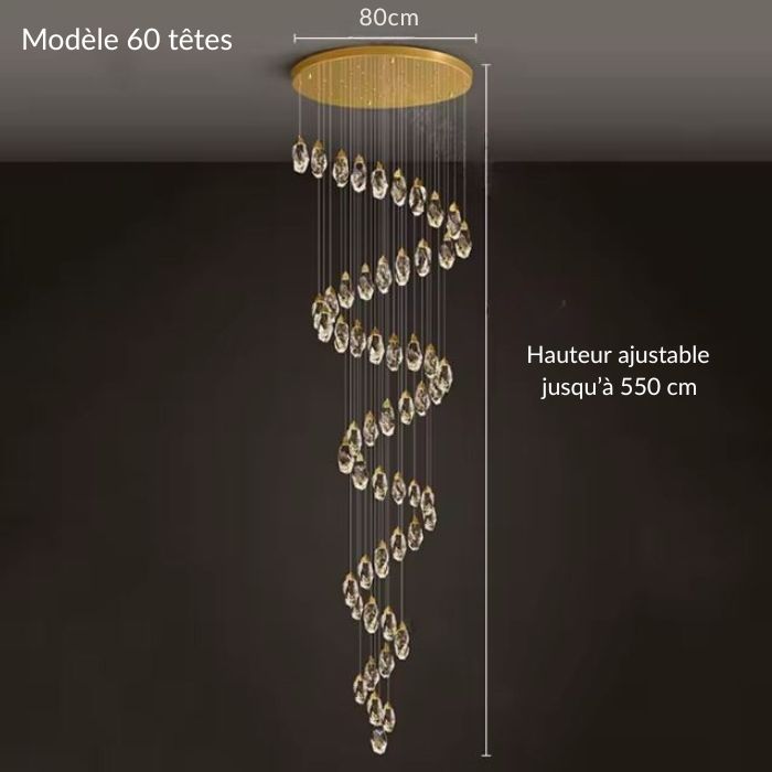 Suspension diamant 60 têtes en spirale grandiose, hauteur ajustable jusqu’à 5,5 m, cascade de cristaux pour vaste hall contemporain.