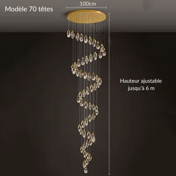 Suspension diamant 70 têtes en spirale aérienne, hauteur ajustable jusqu’à 6 m pour un foyer spectaculaire et contemporain.