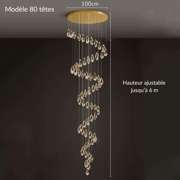 Suspension diamant 80 têtes en spirale spectaculaire, hauteur ajustable jusqu’à 6 m, cascade cristalline pour grand hall contemporain.