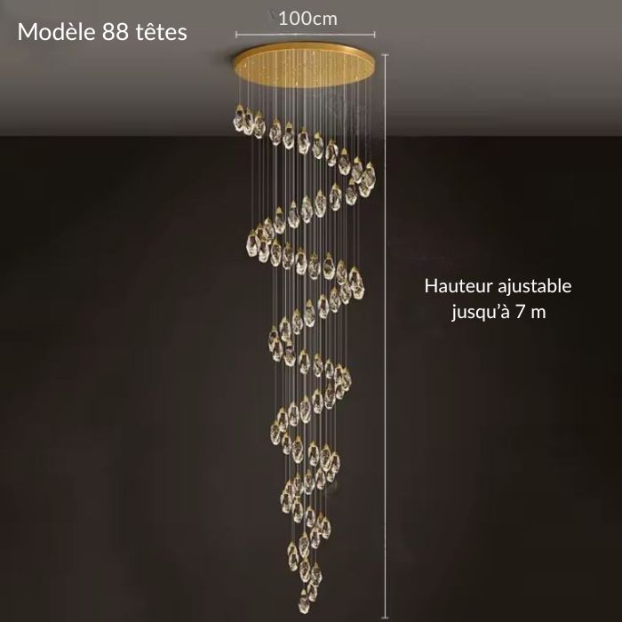 Suspension diamant 88 têtes en spirale cristalline, hauteur ajustable jusqu’à 7 m, cascade lumineuse pour grand espace contemporain.