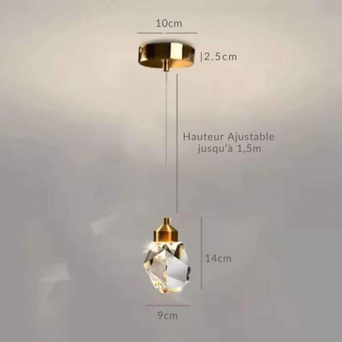 Suspension diamant en cristal ajustable à une hauteur jusqu'à 1,5 m, idéale pour un éclairage raffiné.