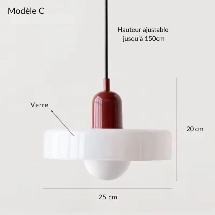 Suspension disque blanche et rouge, modèle C d’inspiration Bauhaus au design épuré.