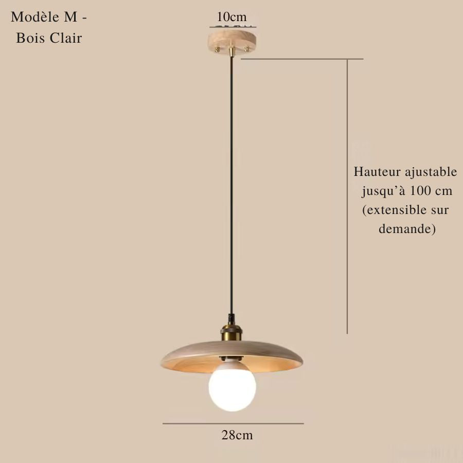 Modèle 28 cm en bois clair avec globe lumineux, au style japandi, naturel et minimaliste