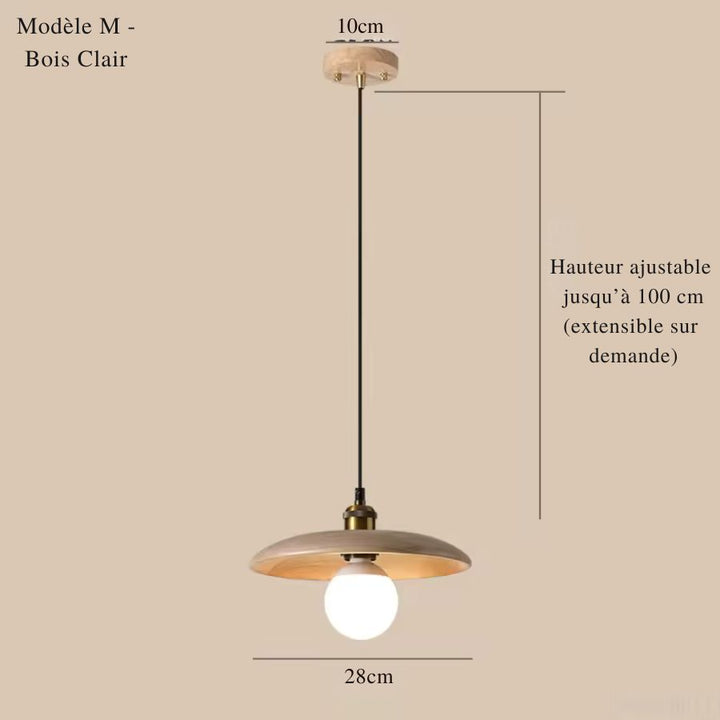 Modèle 28 cm en bois clair avec globe lumineux, au style japandi, naturel et minimaliste