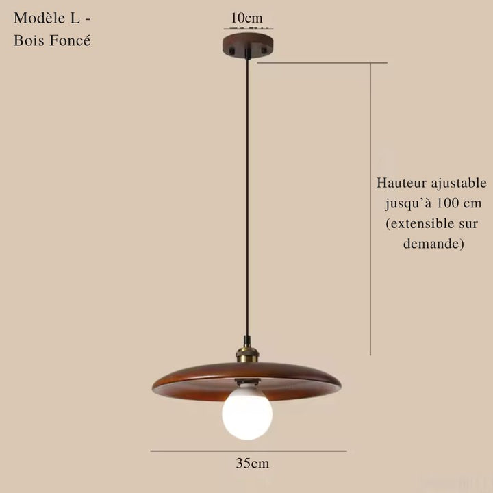 Grand disque de 35 cm en bois foncé associé à un globe lumineux, dans un esprit japandi contemporain