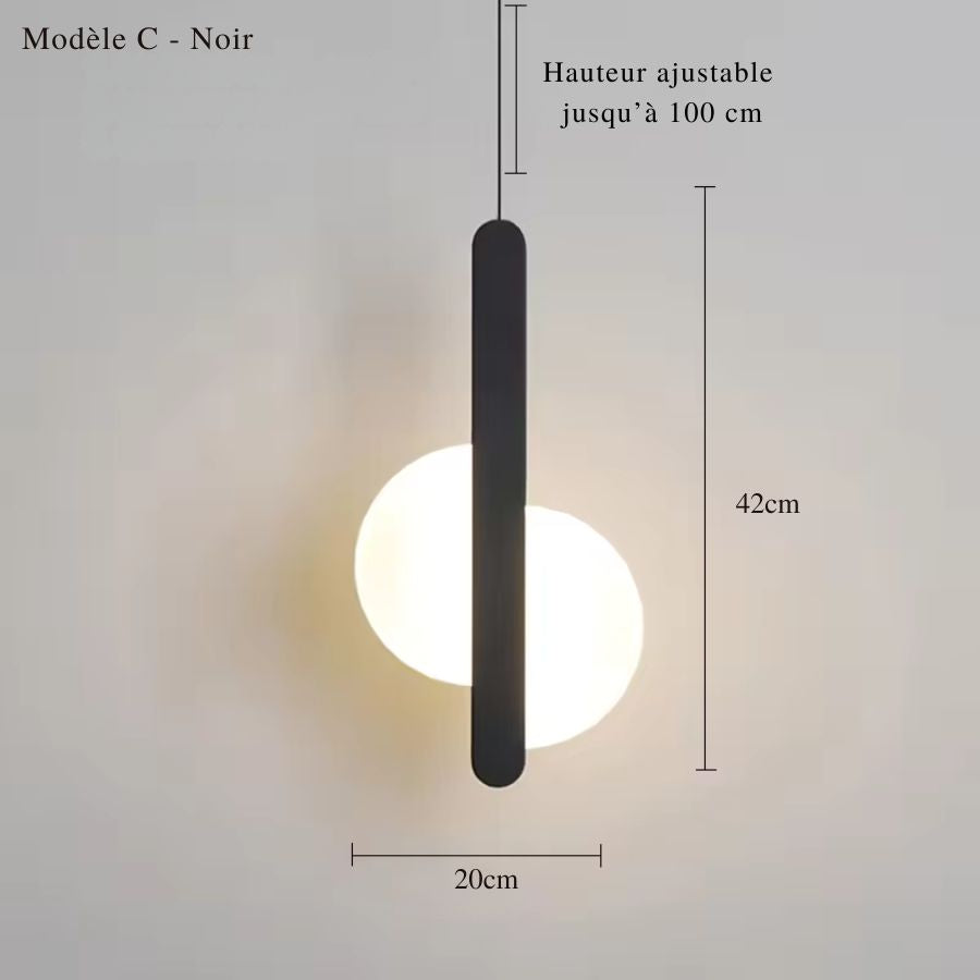 Suspension modèle C noire avec disque lumineux décalé et silhouette verticale au design graphique moderne