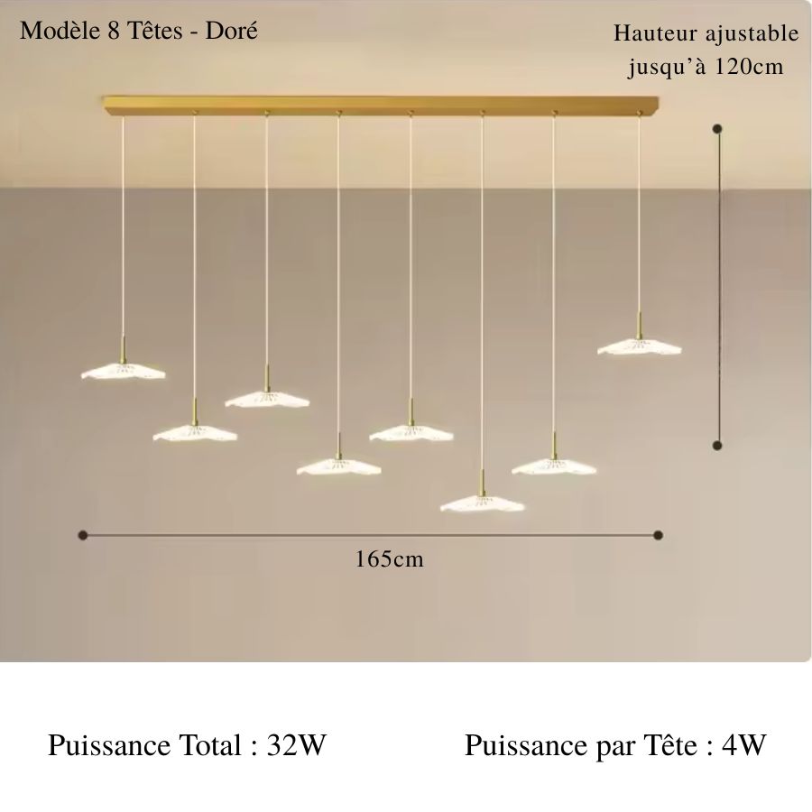 Huit ombrelles LED transparentes suspendues à une barre dorée forment un lustre linéaire élégant au design épuré