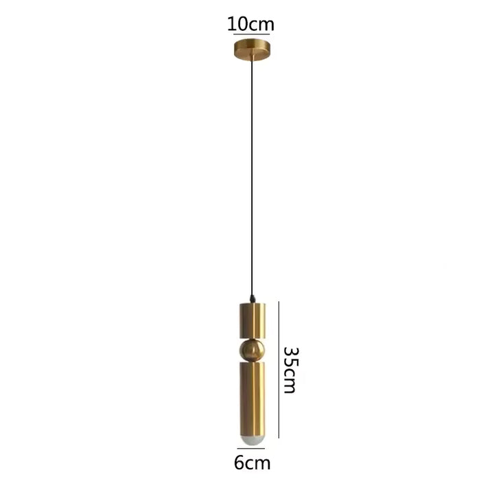 Dimensions de la suspension dorée allongée tubulaire à sphère centrale, 35 cm de haut pour 6 cm de diamètre